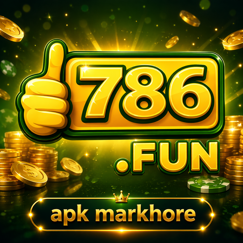 **Alt Text:**
Glossy 786.FUN logo with golden thumbs-up icon, glowing coins, and green background, featuring bright 3D text and “apk markhore” footer branding for gaming promotion