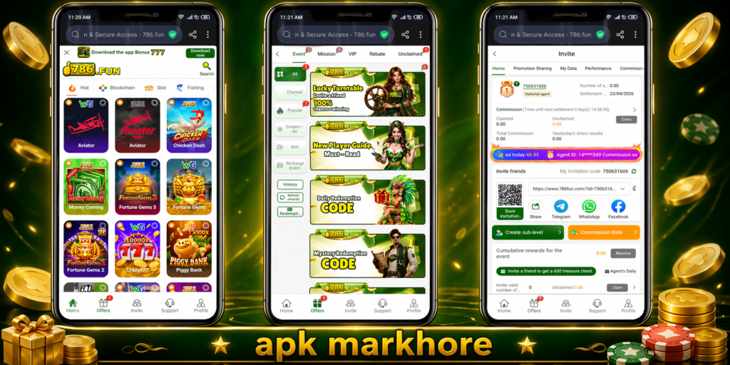 Alt text:
A wide promotional banner showing three modern smartphones displaying a gaming app interface, including game icons, event offers, and an invite/commission screen. The background features a dark green and gold casino theme with glowing effects, coins, and gift elements, while the footer prominently displays the text “apk markhore.”