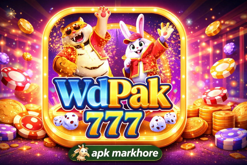 WdPak 777 gaming app logo with cartoon characters, casino coins, dice, and apk markhore branding
