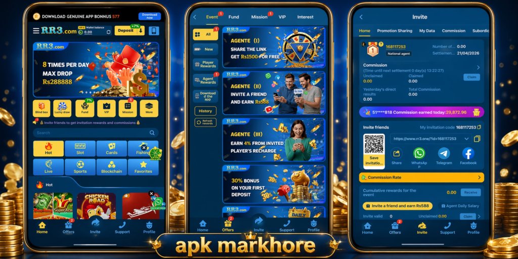 RR3 game app logo with golden crown, coins, and blue background representing an online gaming platform with rewards and earning features