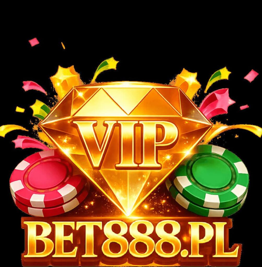 VIP BET888.PL logo with golden glowing diamond, red and green casino chips, colorful spark effects
