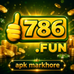 **Alt Text:** Glossy 786.FUN logo with golden thumbs-up icon, glowing coins, and green background, featuring bright 3D text and “apk markhore” footer branding for gaming promotion