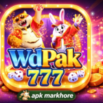 WdPak 777 gaming app logo with cartoon characters, casino coins, dice, and apk markhore branding