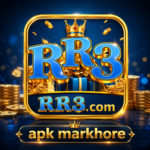 RR3 gaming app logo with golden crown, coins, and blue background, featuring apk markhore branding for RR3 platform