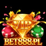 VIP BET888.PL logo with golden glowing diamond, red and green casino chips, colorful spark effects
